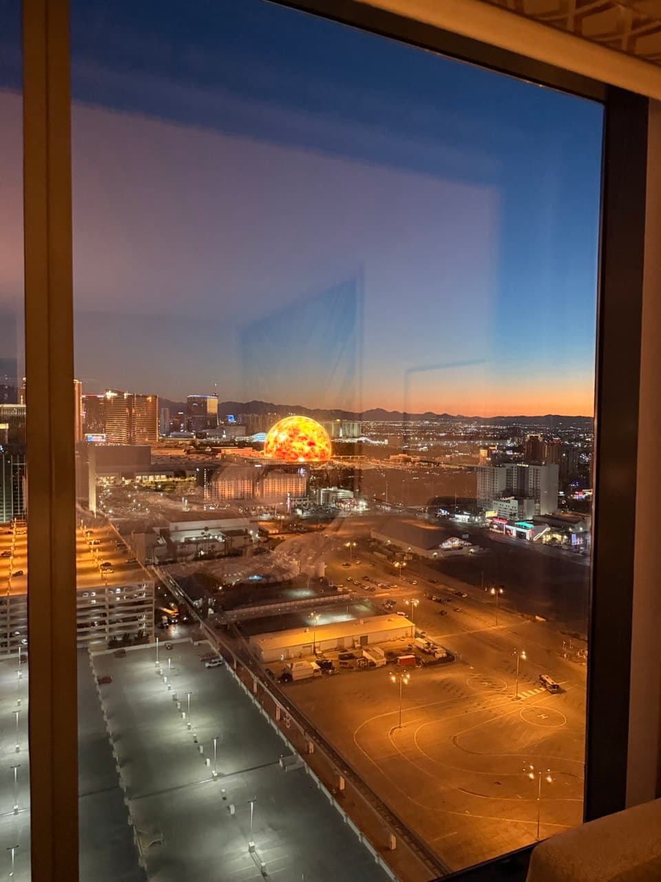 Nightfall from the suite with the Sphere lit like a fireball