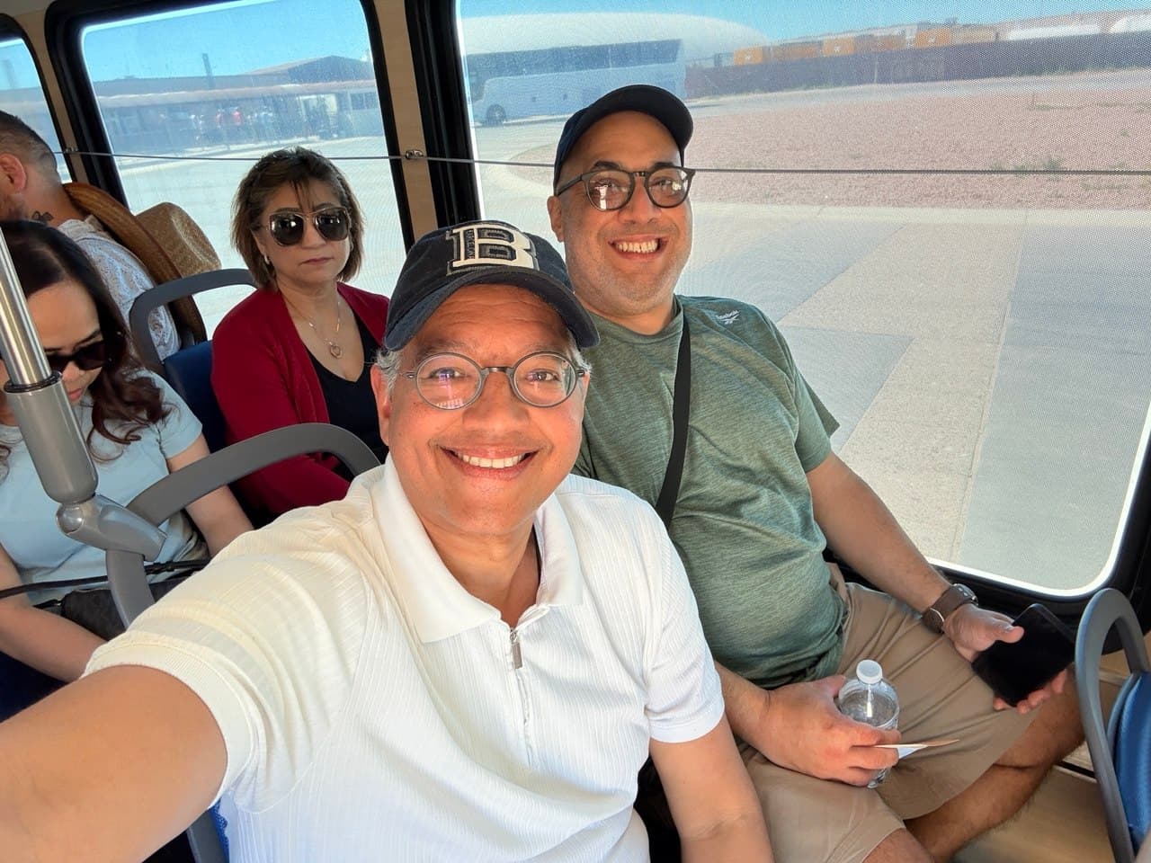 Richie and Gardy taking a shuttle selfie on the way to the Grand Canyon