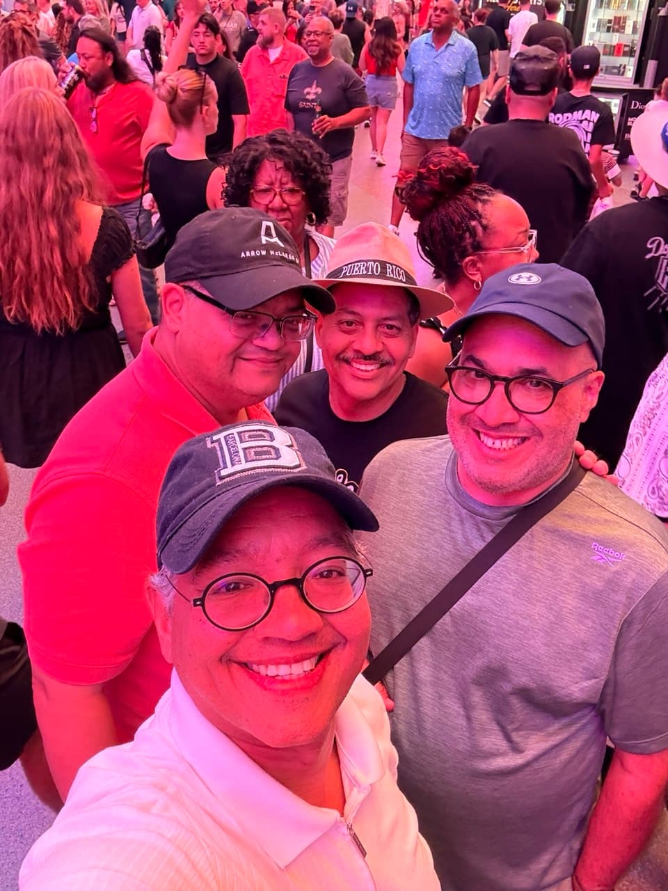 The four friends in the Fremont Street crowd at night