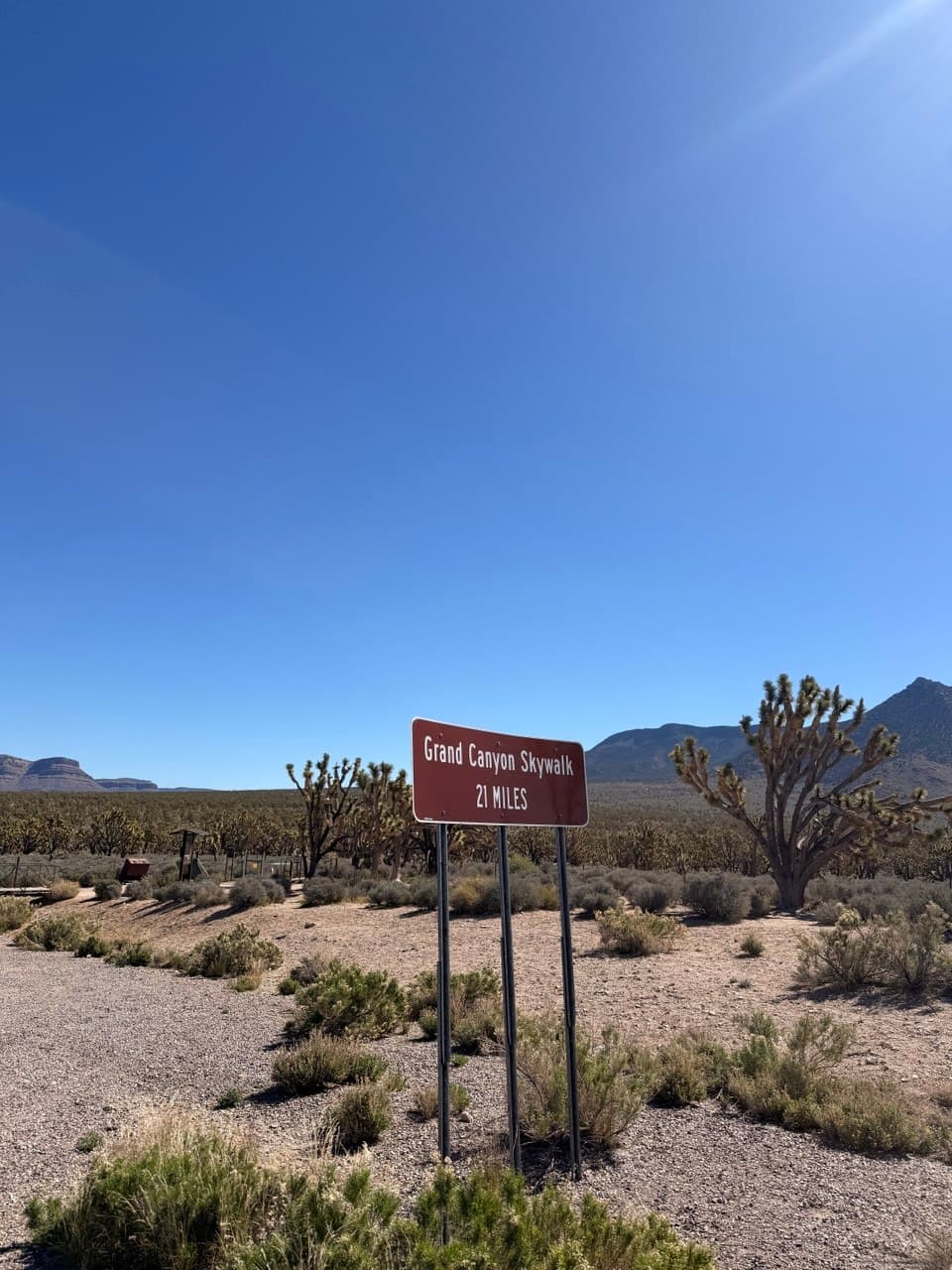 Grand Canyon Skywalk 21 miles sign in the desert