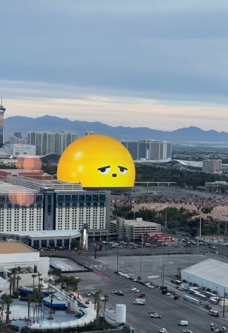 The Sphere with a sad face seen from the 35th floor in Las Vegas