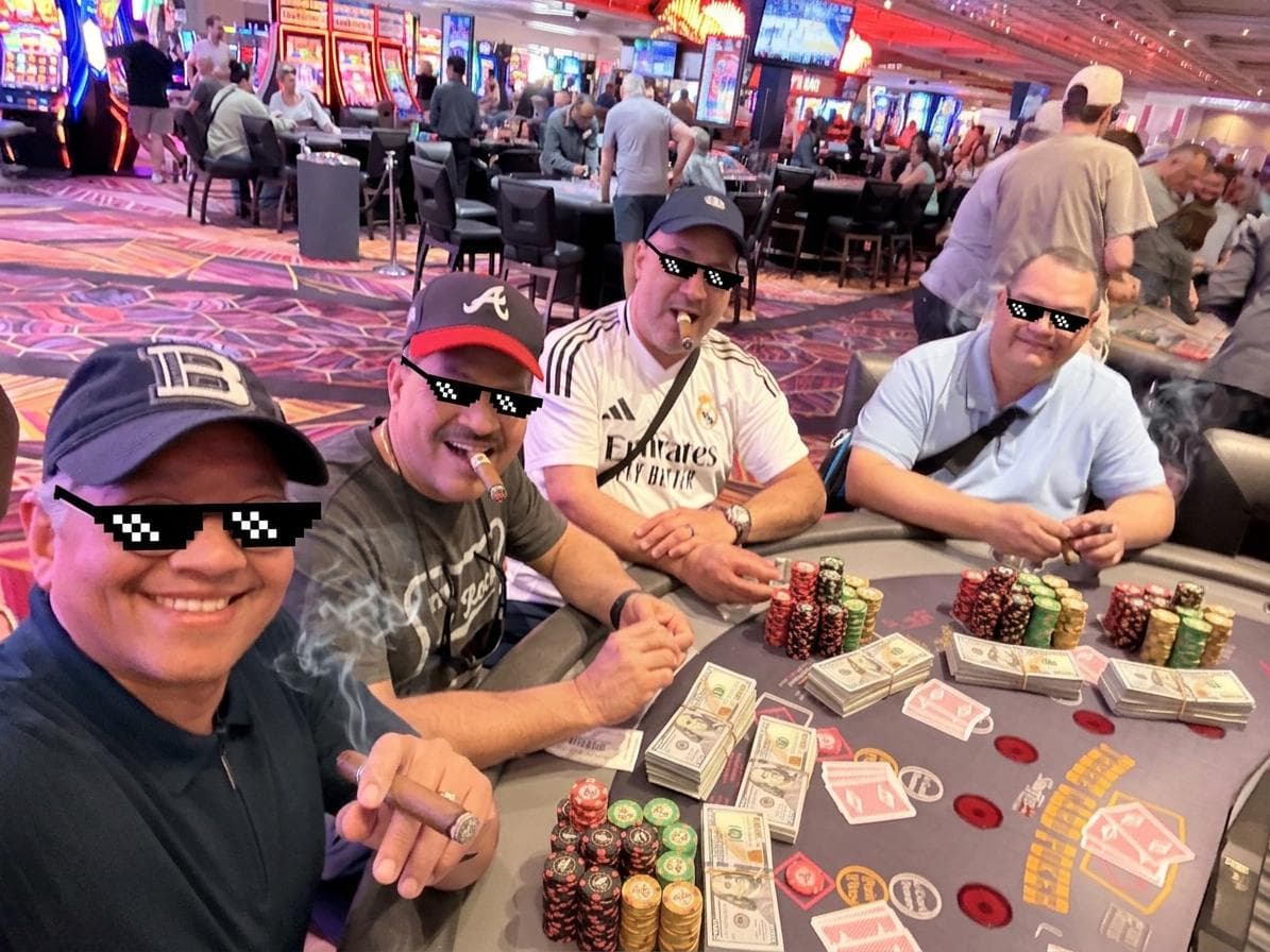 AI version of the poker table scene with thug life glasses and piles of cash