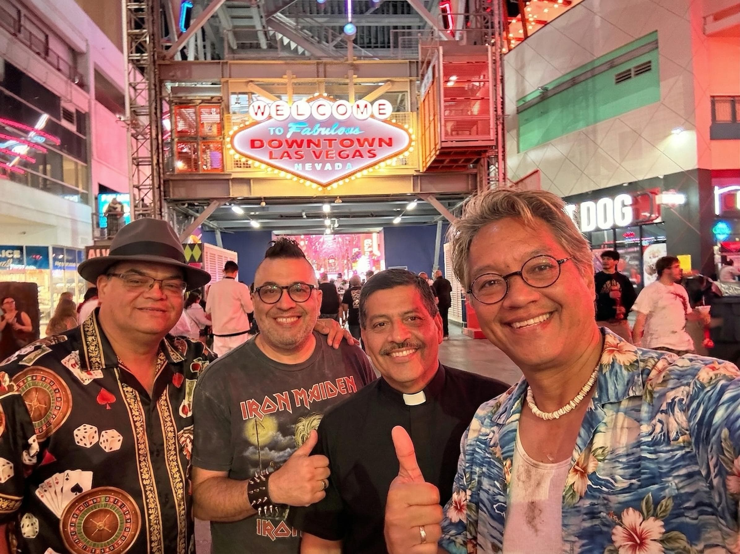 AI image showing each friend with an amplified Vegas alter ego at Fremont Street